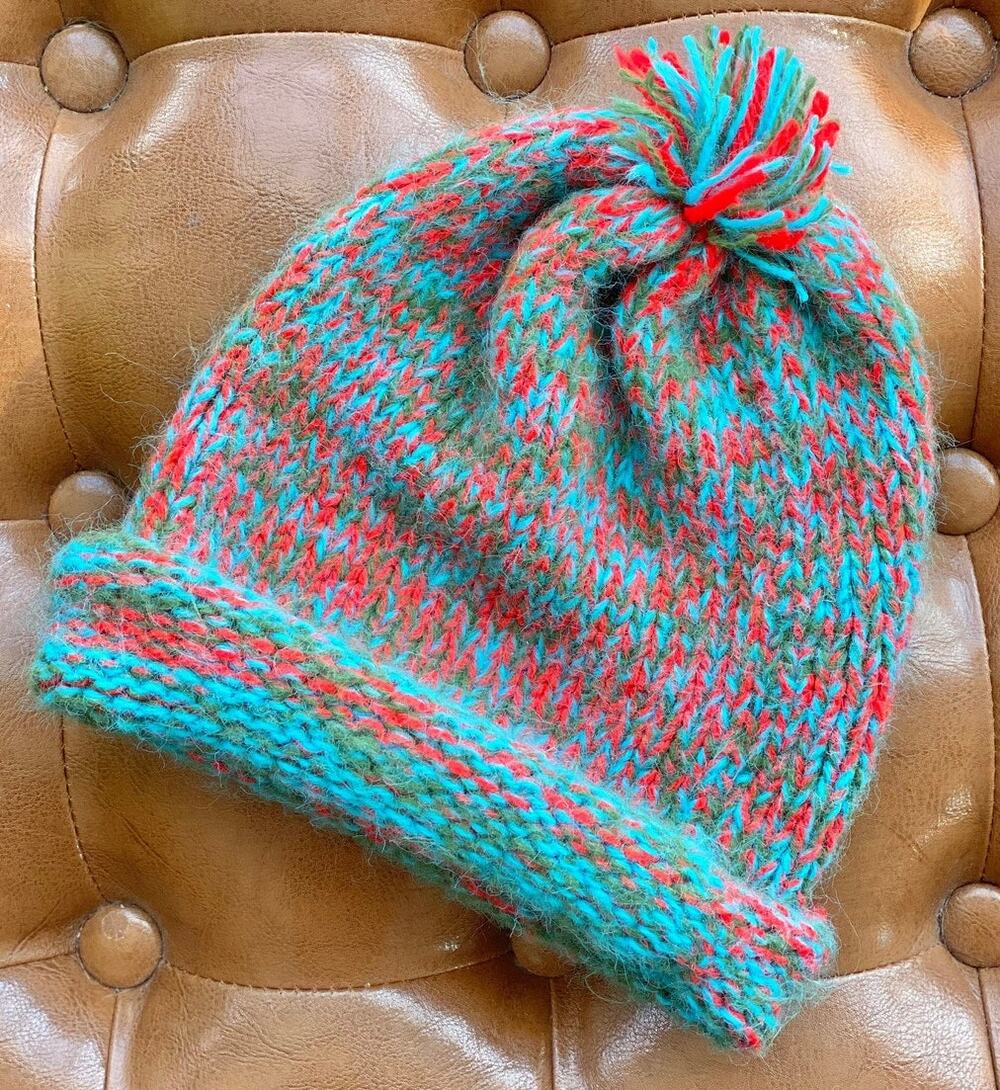 Vintage Multicolor Knit Pom Pom Beanie Teal Red Green Adult One Size
